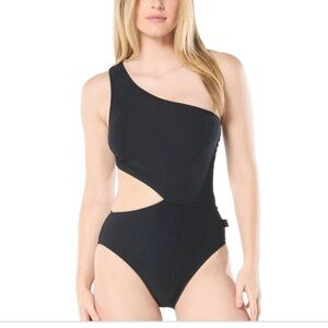 MICHAEL Michael Kors Black One Shoulder Cut Out Ribbed One-Piece Swimsuit